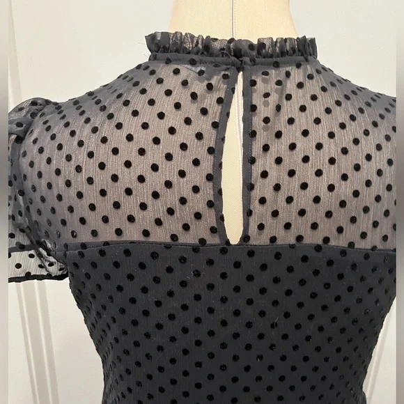 ZARA Black Flocked Swiss Dot Shirt Sleeve Flowy Midi Dress - Picture 9 of 14